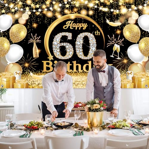 Fairymaiden 60 Ans Banderole Joyeux Anniversaire, 60 Décoration Fête en Noir Or Toile de Fond Bannière Joyeux Anniversaire pour "Happy Birthday" Banderole Or Noir Hommes Femmes (150x100 cm) – vue 8