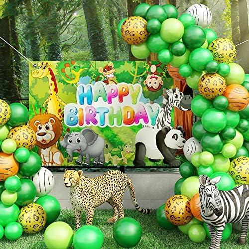 Dinosaur Birthday Decorations, Green Balloon Arch Kit with Dinosaur Birthday Backdrop Banner and Palm Leaves, Jungle Latex Balloons Arch Garland Kit for Safari Dino Theme Birthday Party Decorations