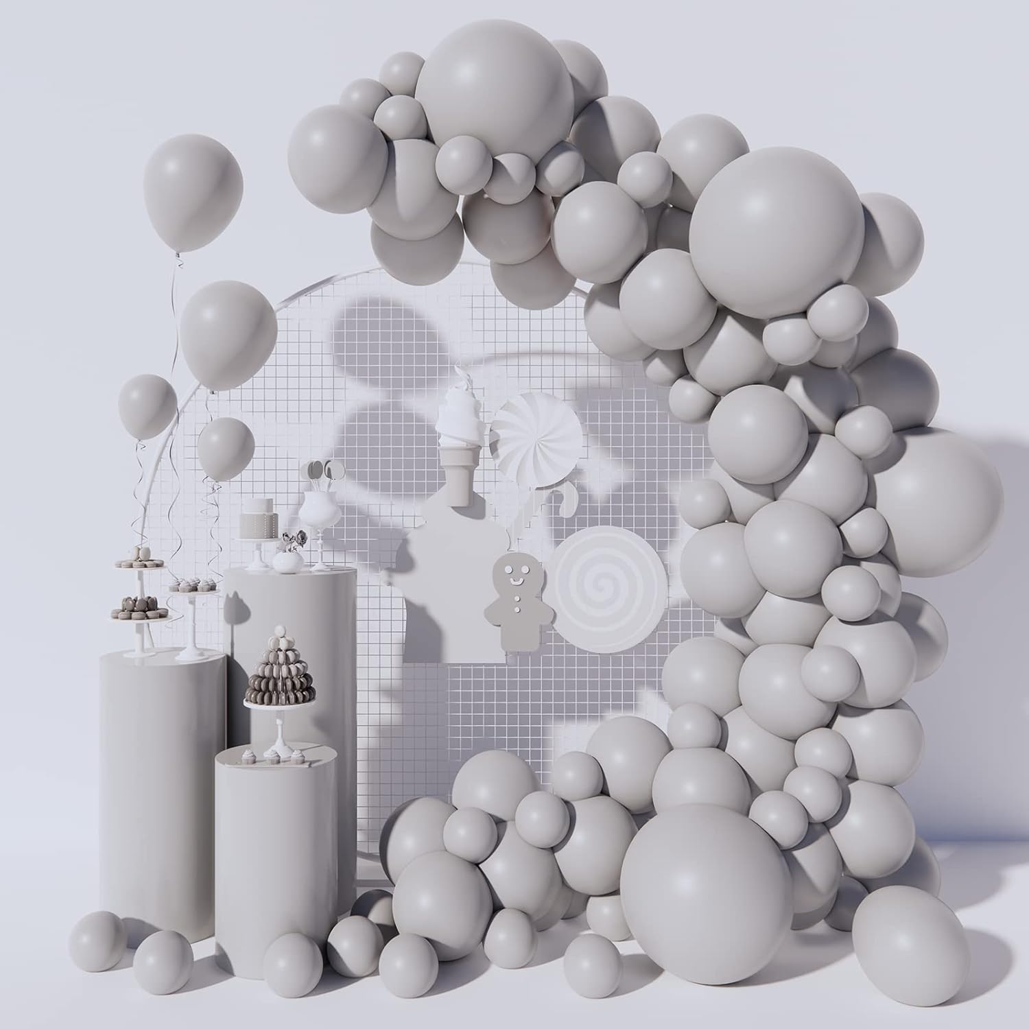 Moukiween 130PCS Pastel Gray Balloon Garland Arch Kit, Different Size 18" 12" 10" 5" Party Latex Balloons Kit for Halloween, Graduation, Birthday Party, Wedding Balloon Decoration