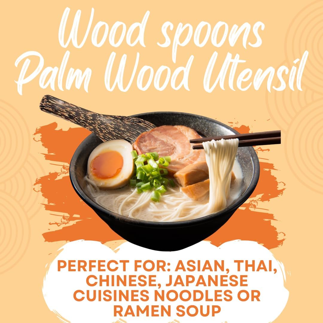 5" Palm wood Asian Wooden Ramen Soup Spoons LightWeight Tablespoons Flatware Utensils (10)