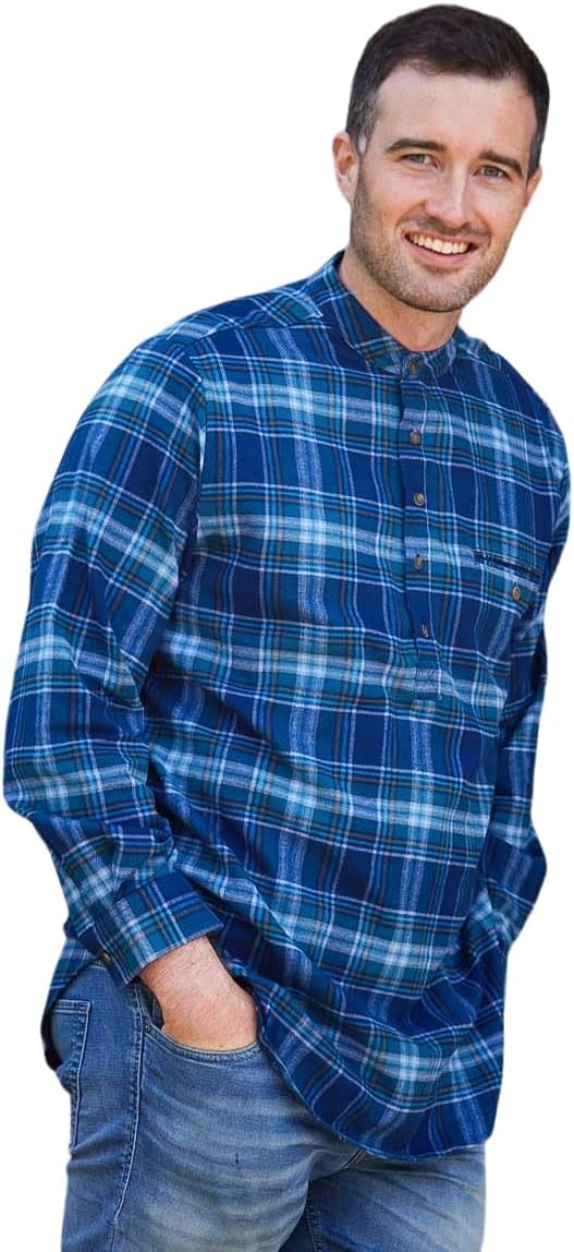 Lee Valley, Ireland Flannel Cotton Grandfather Shirt (US, Alpha, XX-Large, Regular, Regular, Blue and Navy Tartan)