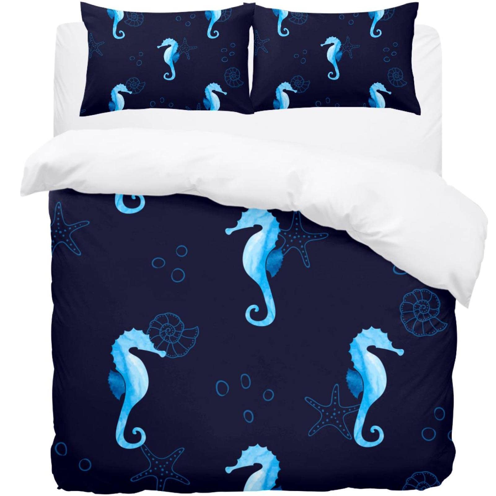 Housse de couette marine et hippocampe pour une chambre ambiance bord de mer