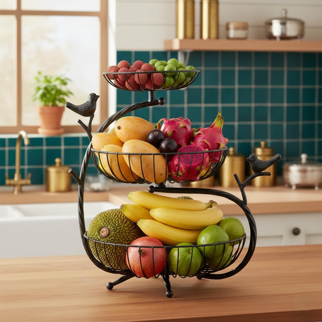 PRIME KRAFTS 3 Tier Fruit and Vegetable Basket | Metal Wire Countertop Organizer Stand for Home and Kitchen | Bird Design Decorative Storage Basket for Kitchen - Black 3