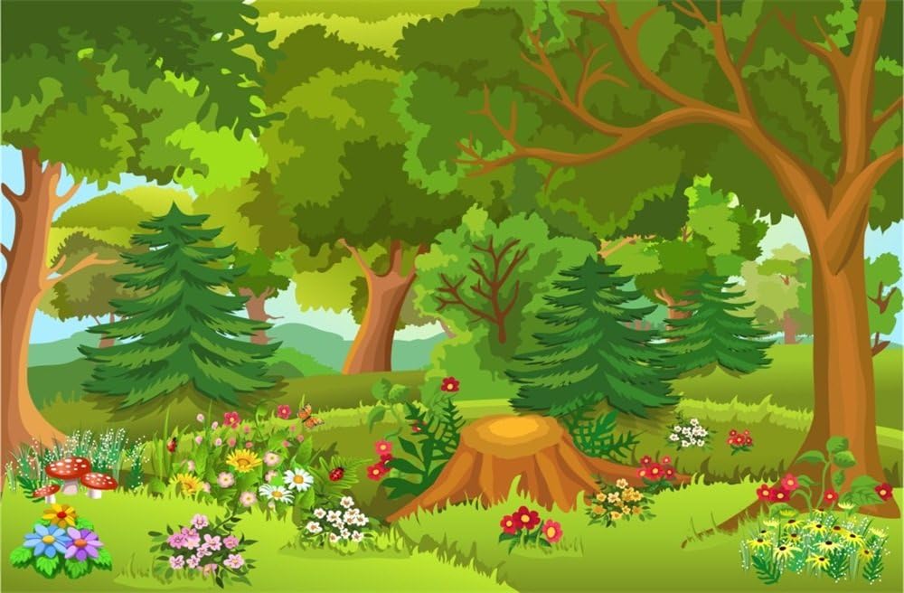 Leyiyi Spring Cartoon Forest Scenery Backdrop 7x5ft Photography Backdrop Lush Green Grass Floral Blossoming Colorful Flowers Children Baby Girl Boy Personal Portraits Studio Props
