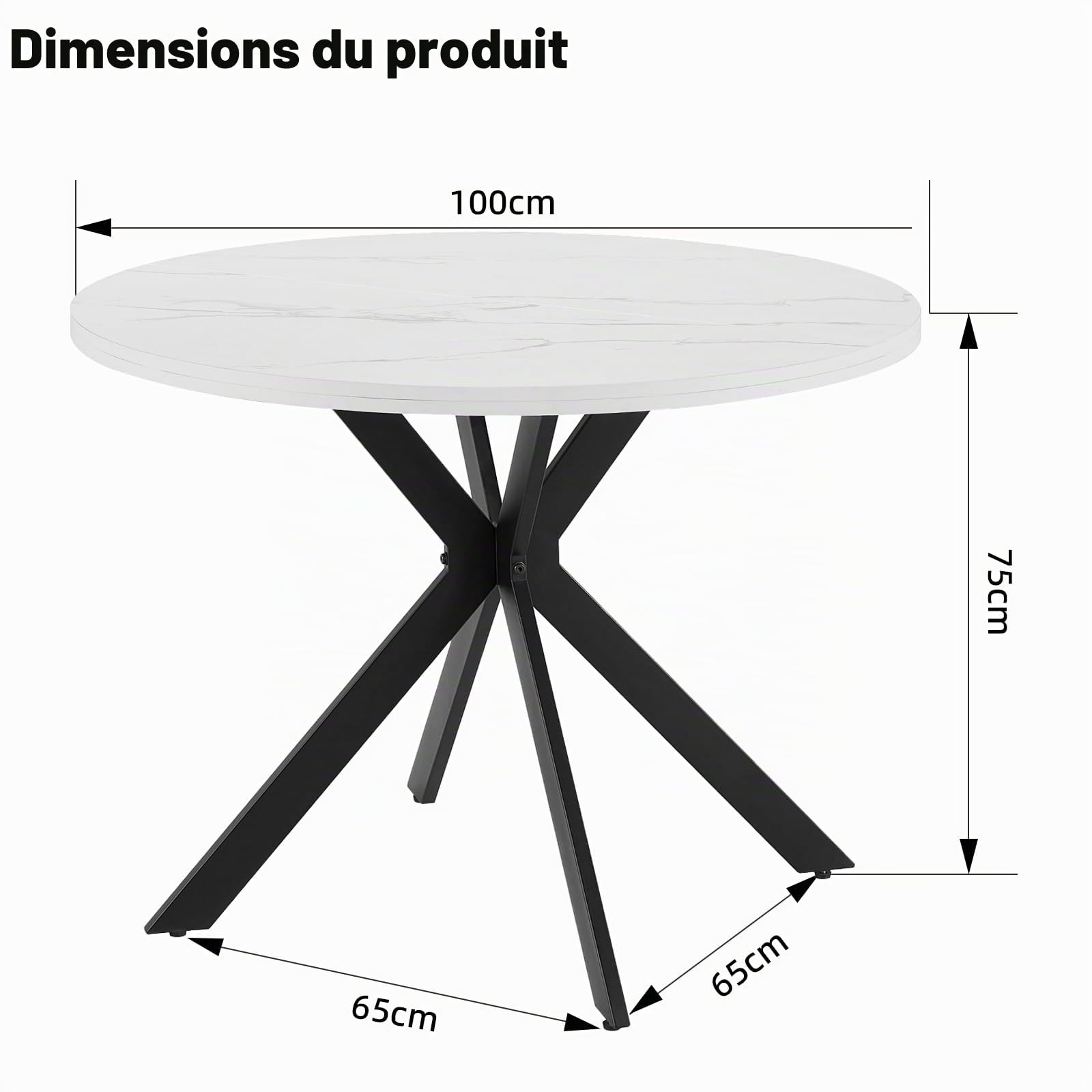 Table à Manger Ronde 100cm,Table de Cuisine en Bois Blanc Aspect Marbre,Salle à Manger,Cuisine,Ronde Bois,Plateau MDF Épaissi 3cm, pour 4-6 Personnes,100x100x75cm,Blanc