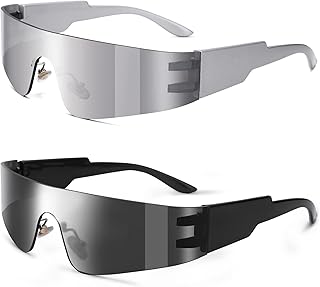 Y2K Rimless Futuristic Wrap Around Sunglasses Women Men, Trendy Cyberpunk Visor Sunglasses Monoblock Cyclops Shades