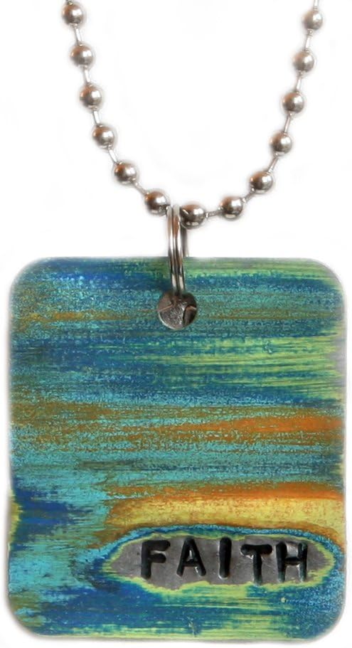 Blue Green Unique Handmade Inspirational Square Stainless Steel Dog Tag (Faith) FREE Organza Pouch Bag