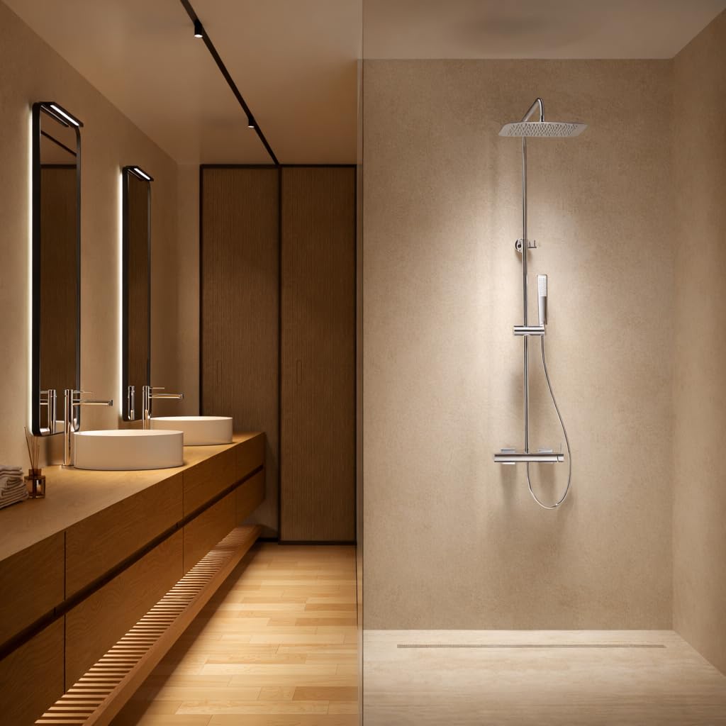 Columna Ducha Monomando con Grifo y Barra Extensible Acero Inoxidable S.304 | Rociador Extraplano 20x30 cm Efecto Lluvia Antical + Mango de Ducha | Grifería Baño IMEX Toscana