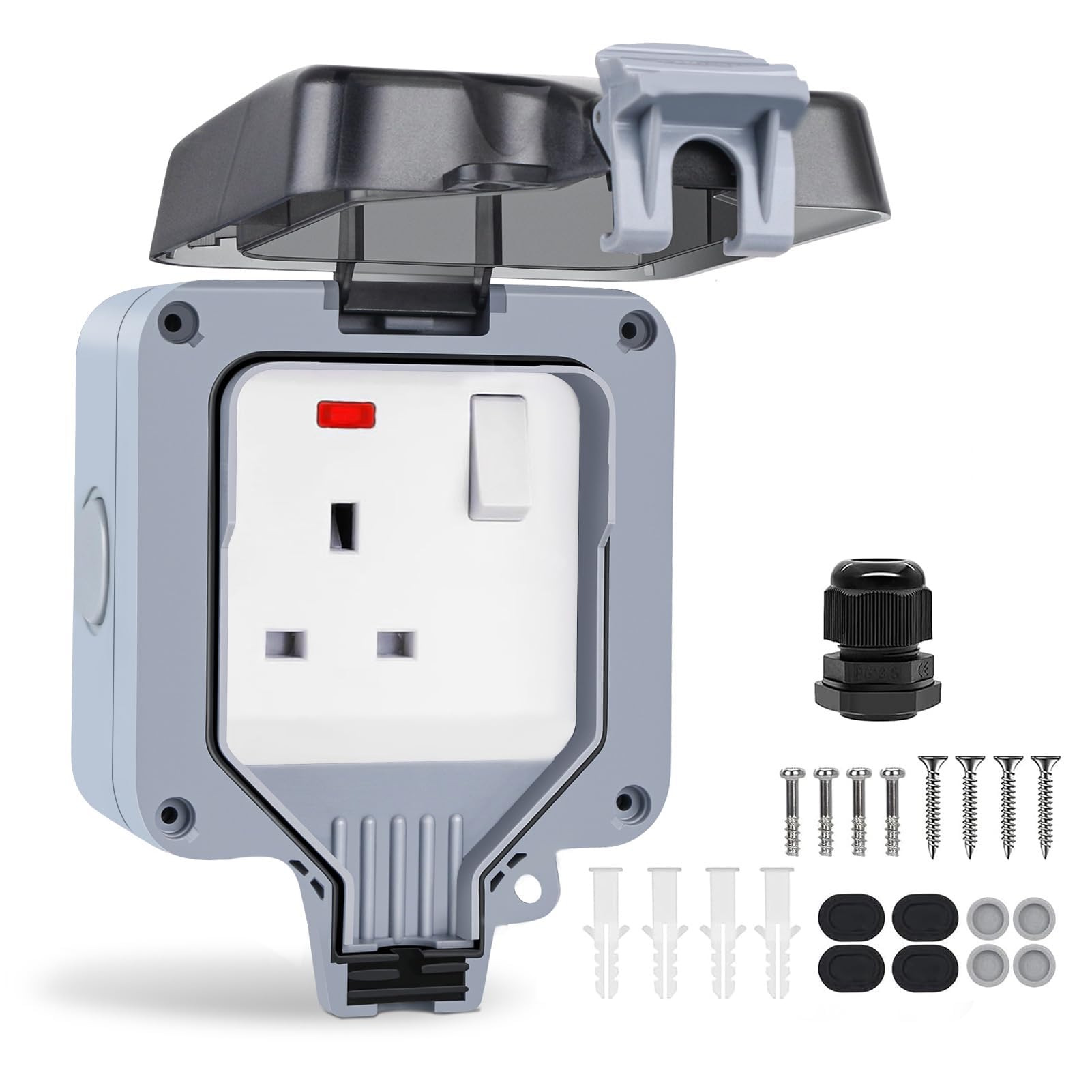 Outdoor Socket, IP66 Weatherproof Outdoor Switched Power Socket, Wall Electrical Outlets with Cover, Electrical Outlets Outside Use Plug Socket Box for Garden (Single)
