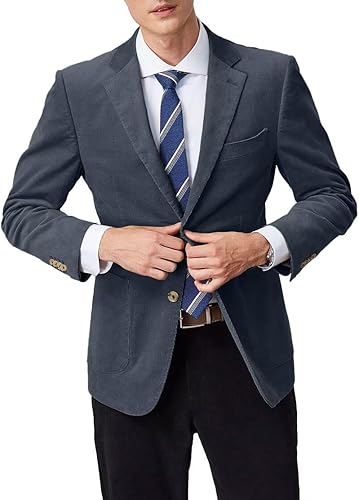 Men Corduroy Suit Jacket Slim Fit 2 Button Dark Blue Mens Casual Blazer Vintage 
