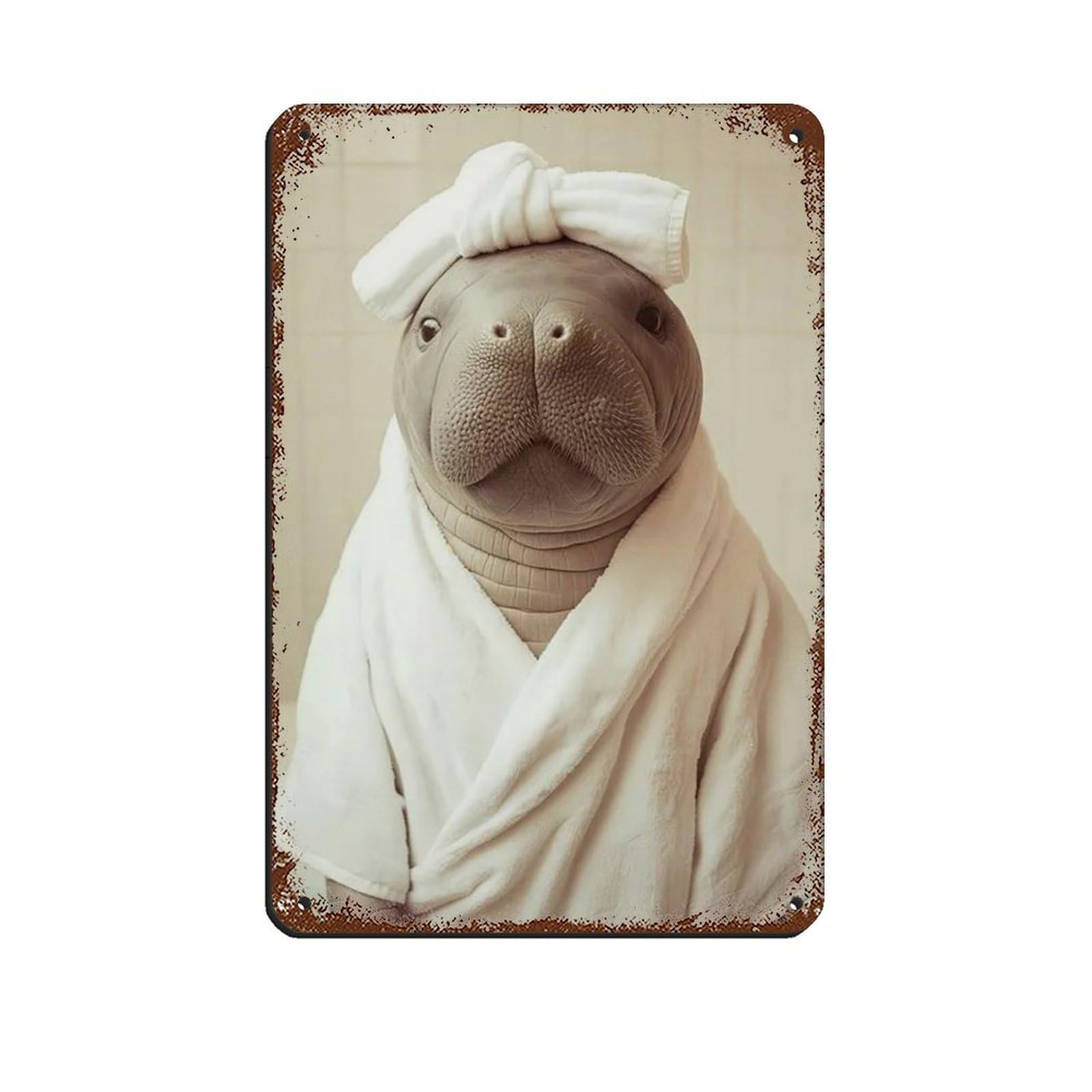 Manatee Wearing A Bathrobe, Bathroom Art Tin Sign Vintage Metal Pub Club Cafe Bar Home Wall Art Decoration Poster Retro 8x12inch(20x30cm)