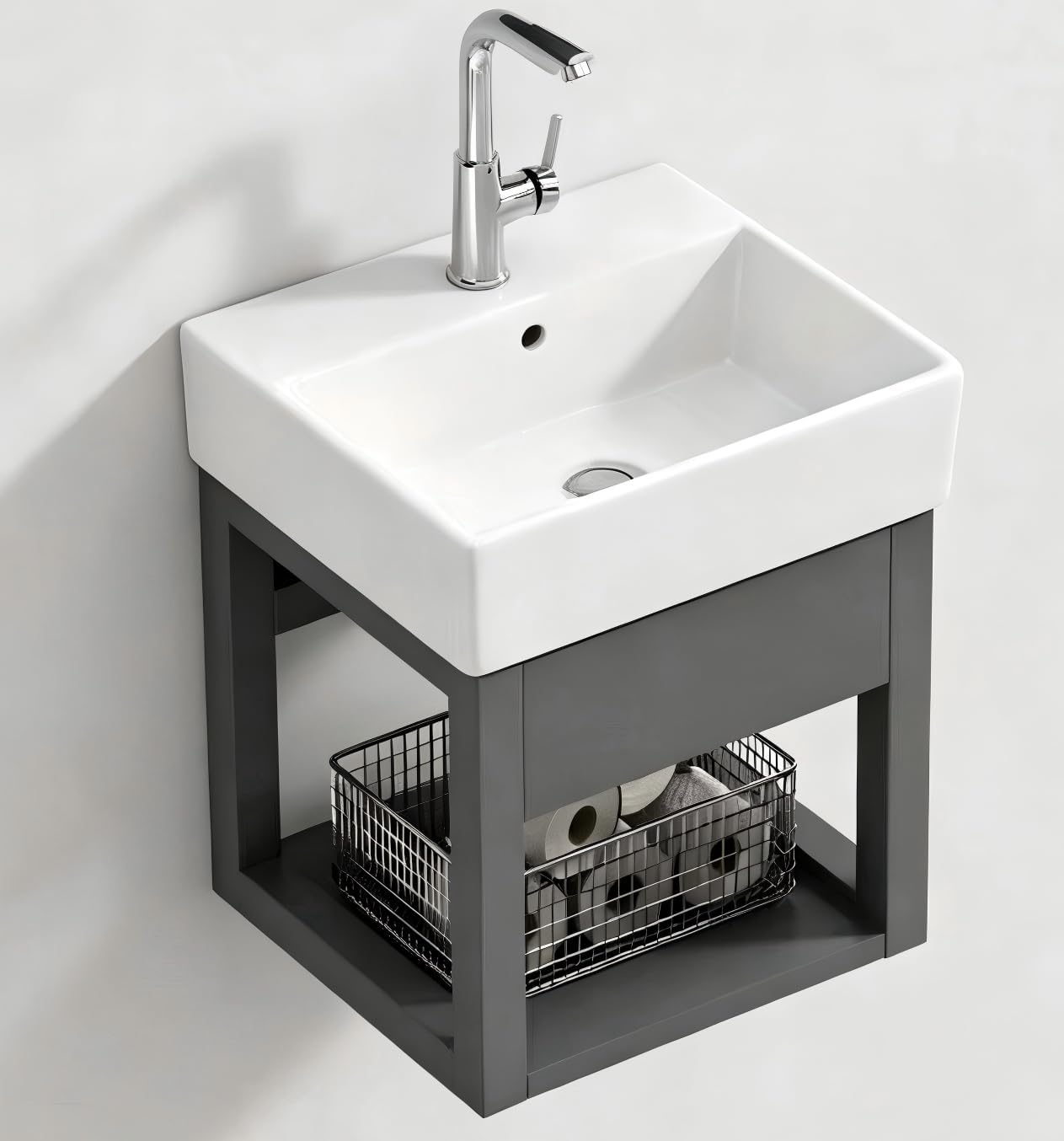 16.9" Wall Mounted Bathroom Sink Combo, Small White Ceramic Vessel Sink with Black Frame, Floating Vanity Sink with Chrome Faucet & Open Storage Shelf, for Cloakroom, RV, Laundry Room