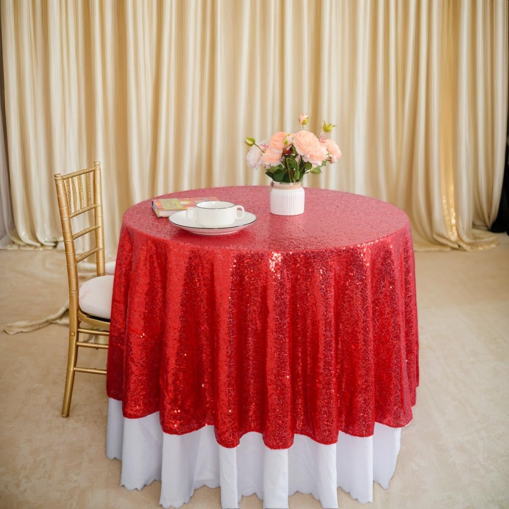 DUOBAO 90" Red Sequin Tablecloth - Sparkly Glitter Overlay for Wedding & Birthday Party Decor, Elegant Round Dining Table Cover
