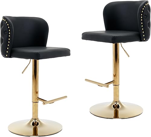 Juego de 2 taburetes de bar giratorios de altura de asiento ajustable, modernos tapizados de poliuretano con base cromada, con respaldo para cocina,