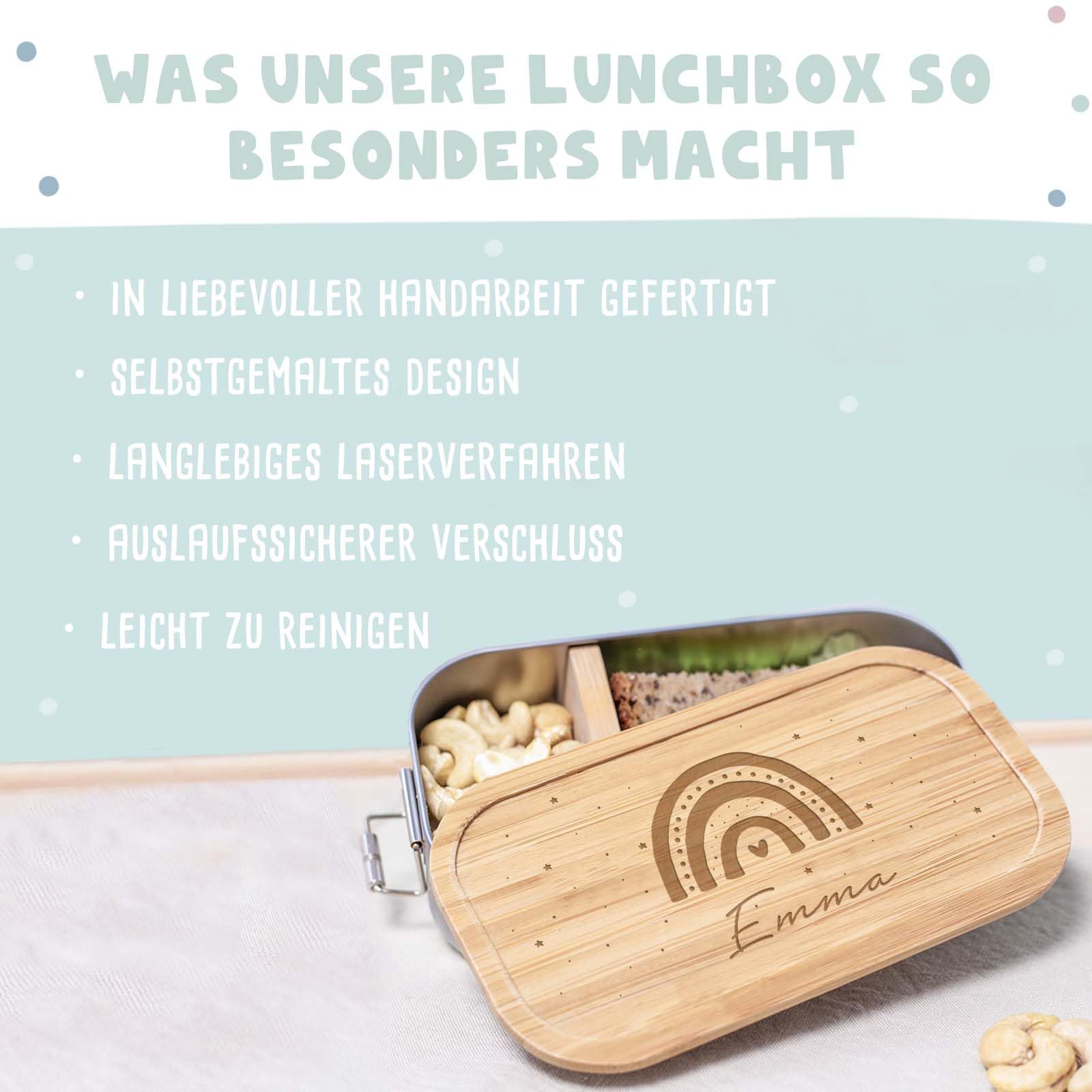 hellomini Lunchbox & Trinkflasche Bambus personalisiert | Geschenk zur Einschulung für Kinder | Isolierflasche Edelstahl & Brotdose mit Namen (Regenbogen)