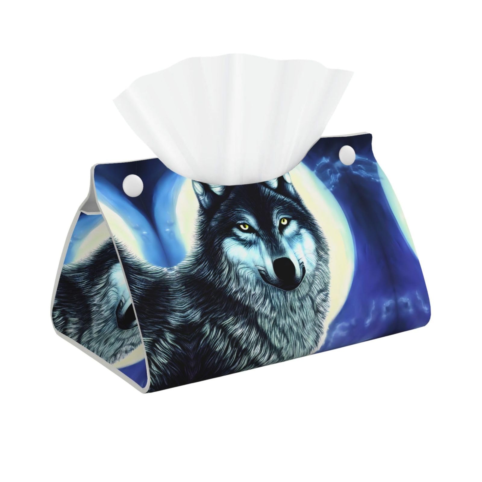 Wolf Under Moon Print Long Tissue Box Cover Holder Foldable Leather Organizer for Vanity, Nightstand, Desk & Bathroom