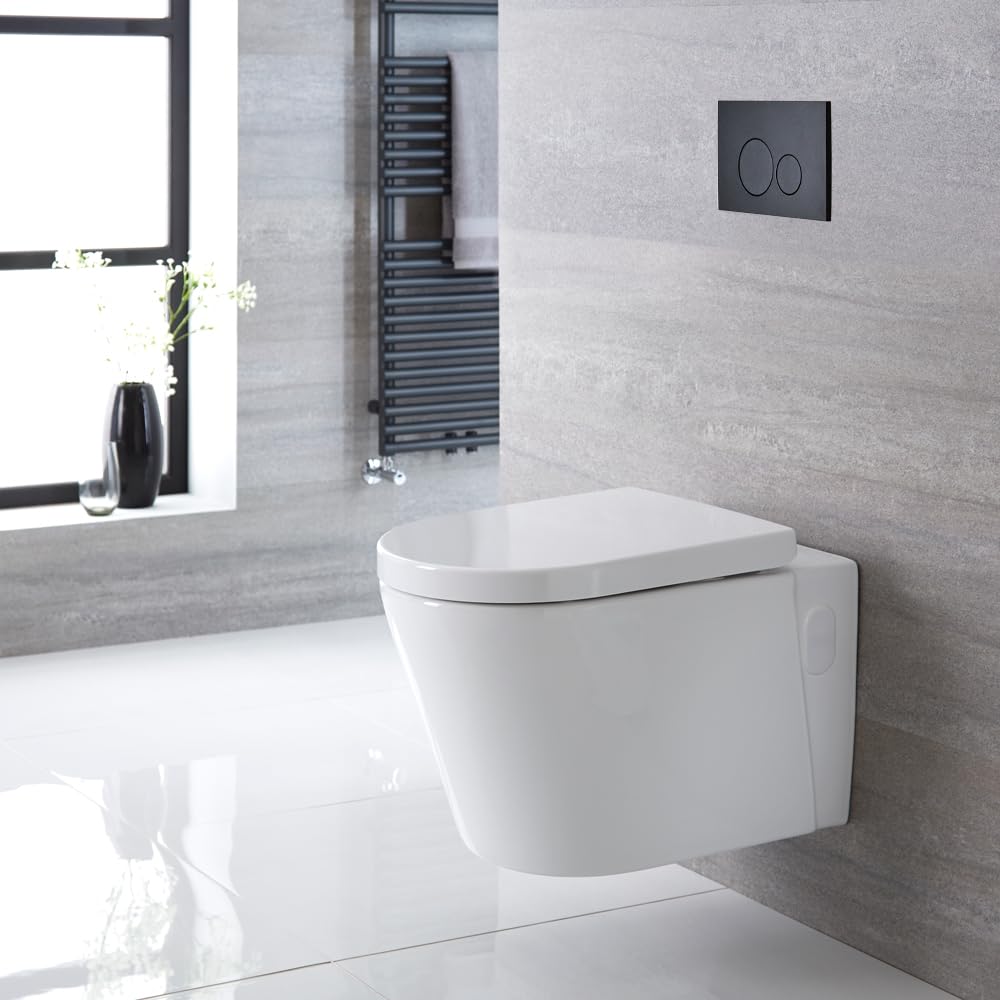 Milano Ballam White Wall Hung Round Toilet Tall Frame Dual Flush Cistern - Black Round Plate