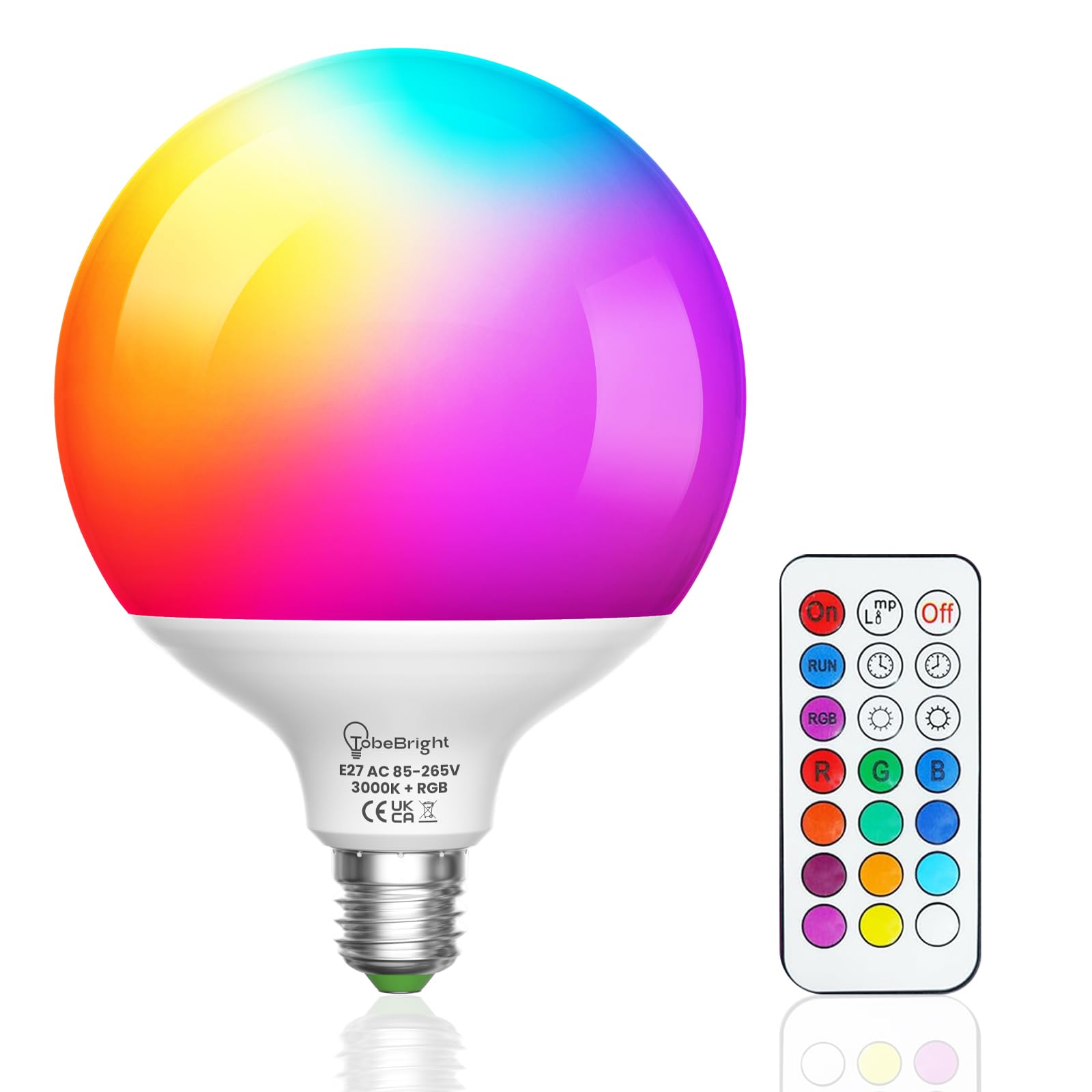 TobeBright 10W E27 LED Colour Changing Bulb with Remote Control, RGB + Warm White 3000K, Dimmabe, 2 Modes, Timing, 100W Equivalent, G120 E27 RGB Bulb for Home Bar Party KTV Mood Ambiance Lighting