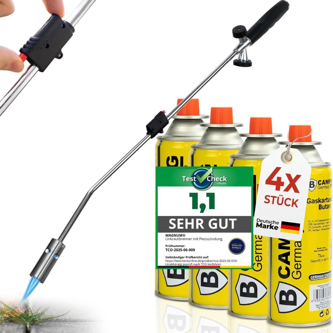 Magnum ®Unkrautbrenner inkl. 4 Gaskartuschen - stabiler Unkrautvernichter mit Piezozündung stufenlos regulierbar – Unkrautentferner Gerät mit ergonomischen Griff