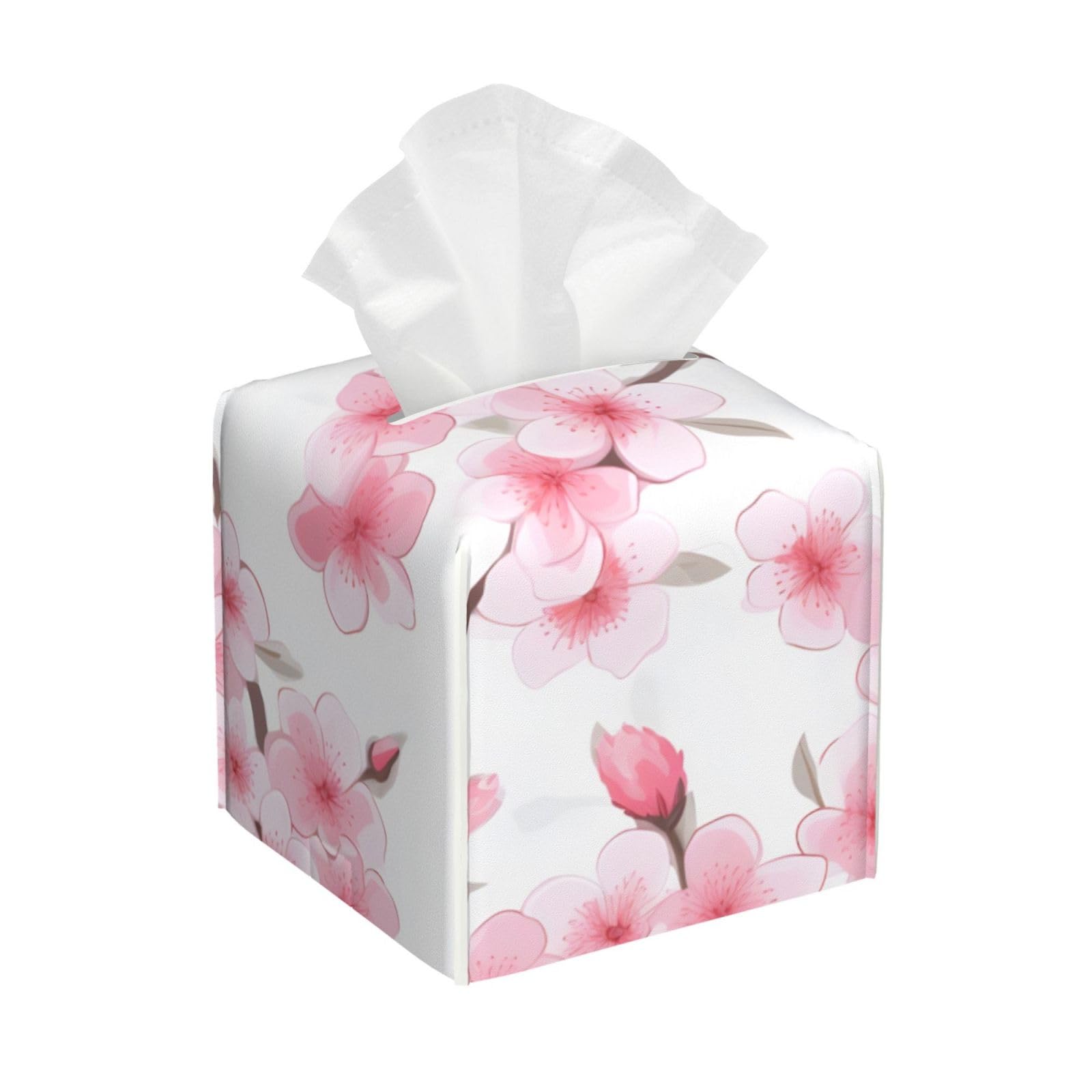 Tissue Box Cover, Spring Pink Cherry Leather Tissue Box Cover Square Organizer, Room Decoration For Bathroom Kitchen Office Night Stands Tabletop