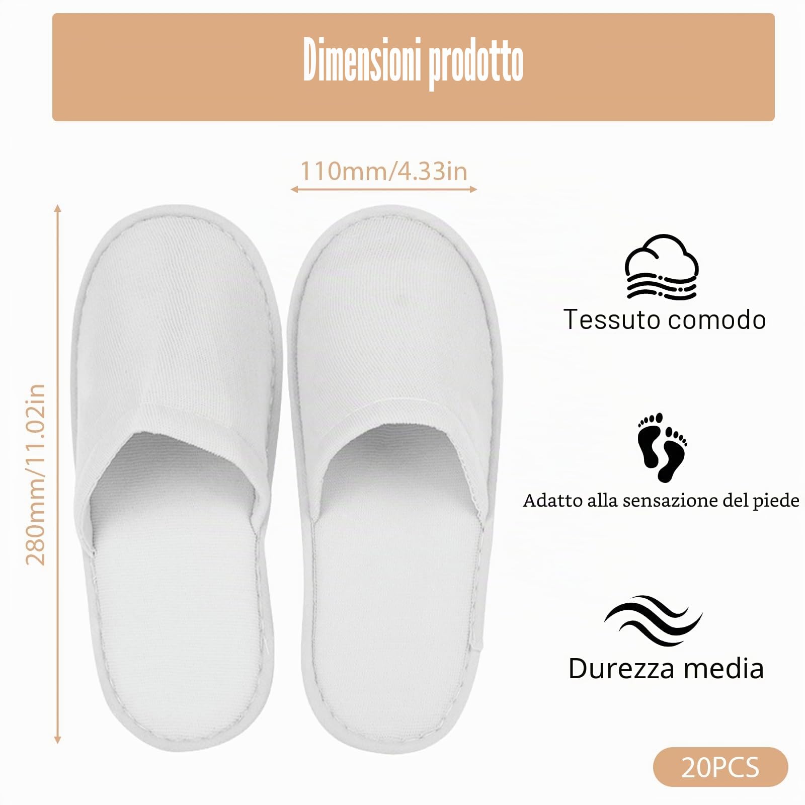 Pantofole da Hotel Bianche per Donna e Uomo 20 Paia, Pantofole Antiscivolo, Pantofole per Ospiti, Taglia Universale, Pantofole da Bagno Chiuse in Bianco per Hotel, Spa e Ospiti
