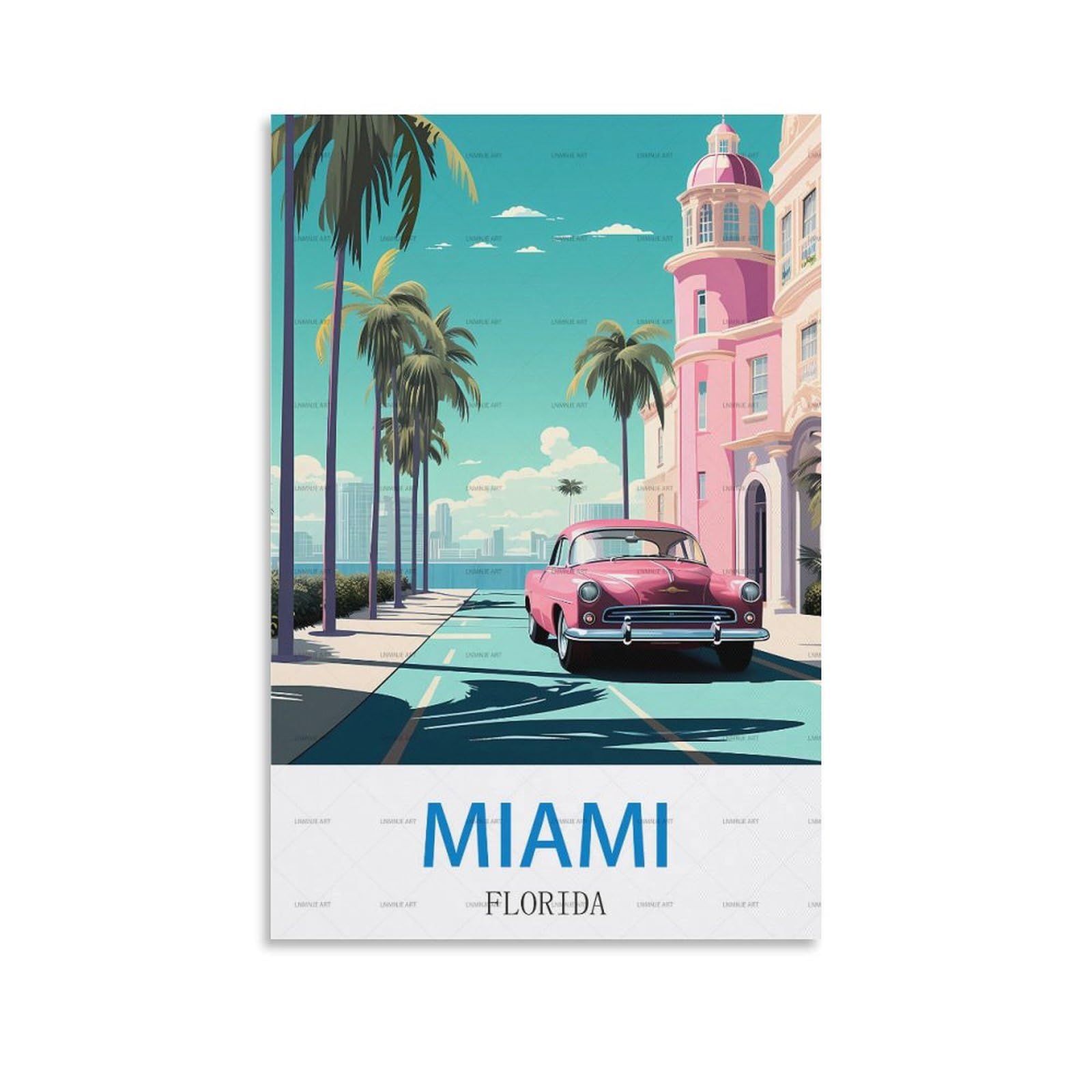 AMATWI Poster Vintage Voyage Miami Sur Toile - Décoration Chambre, Bureau, 60x90 Cm Sans Cadre