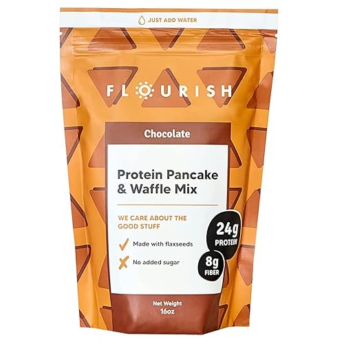 Flourish - Mezcla de proteínas para panqueques y waffles, aislado de proteína de suero y semillas de lino, sin OMG, sin azúcar añadido,