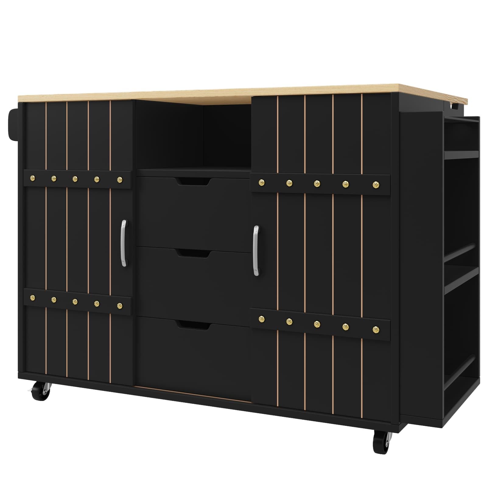 PUGSDRLY Desserte Cuisine à roulettes,Buffet Cuisine de Rangement avec Plateau de Table Pliable,3 Tiroirs et 2 Portes coulissantes,Espace de Rangement Multifonctionnel,avec Porte Serviettes (Noir-A)