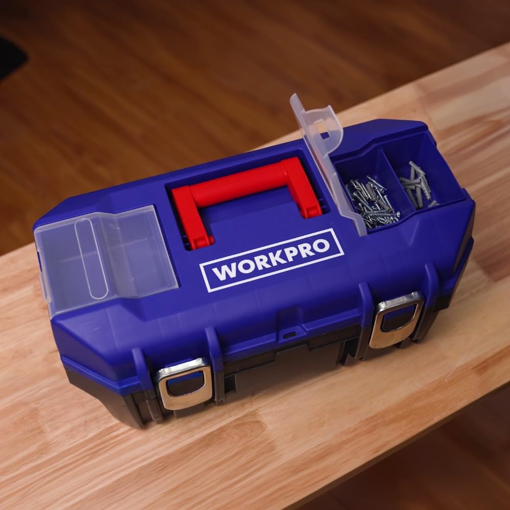 WORKPRO 19'' Metal Kilitli Plastik Takım Çantası, ABS Malzeme, 48.8x26.5x24.5 cm, 15 kg Taşıma Kapasiteli, 2 Şeffaf Bölmeli