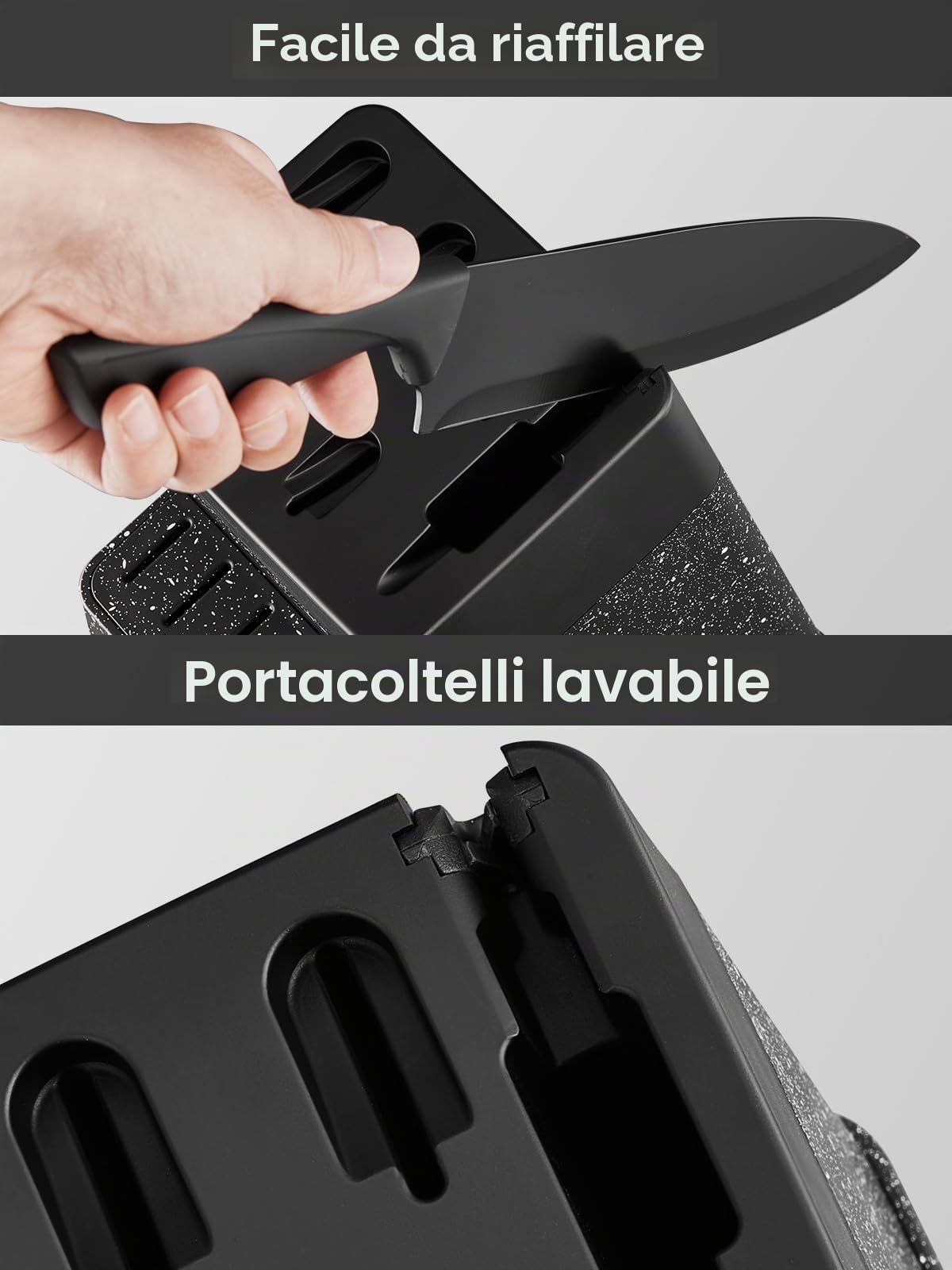 FOHERE Set di Coltelli da Cucina con Autoaffilante, 13 Pezzi, Coltelli da Cucina in Acciaio Inossidabile, Ceppo con Blocco in Plastica, Granito Nero