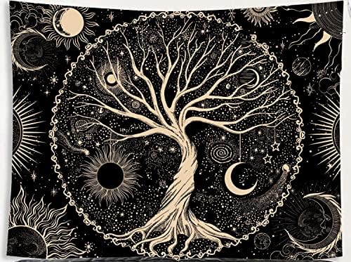 SARBUTER Tenacious Tree of Life Tapestry Sun and Moon Tapestry Black and White Tapestry Star Wall Hanging decor for Bedroom (150x130CM)
