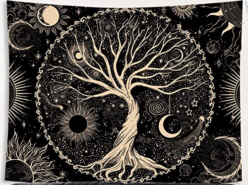 SARBUTER Tenacious Tree of Life Tapestry Sun and Moon Tapestry Black and White Tapestry Star Wall Hanging decor for Bedroom (Art Deco, Black, 150x130CM)