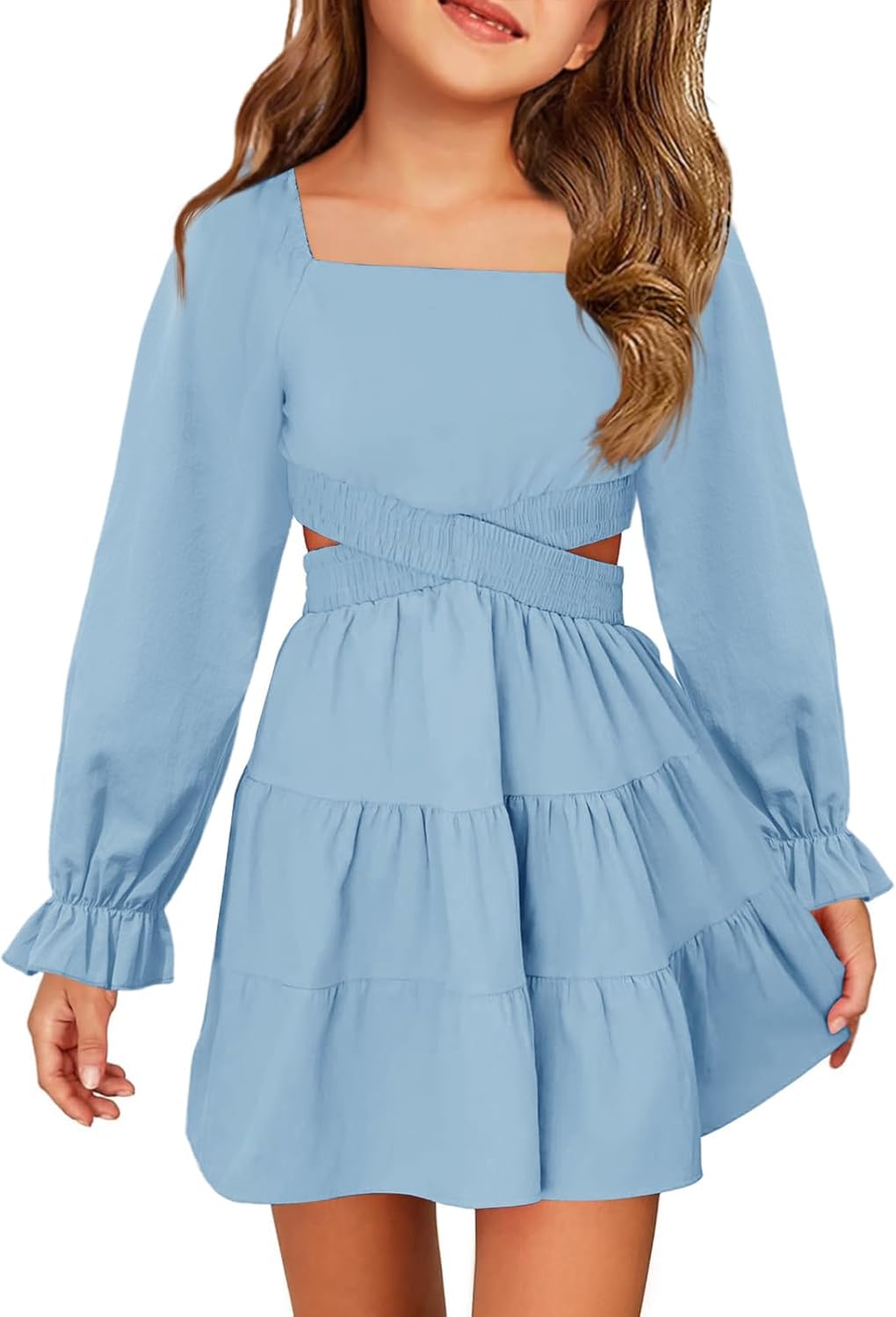 Haloumoning Girls Dresses Long Sleeve Square Neck Crossover Waist Casual A-Line Spring Fall Dress 5-14Y