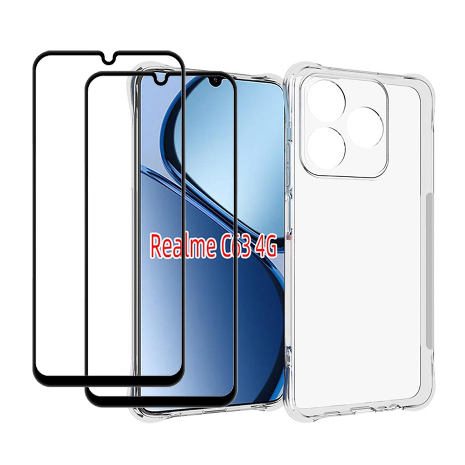 EasyLifeGo for Realme C63 4G Case with Screen Protector (2 Pieces) Slim Shock Absorption TPU Soft Edge Bumper with Reinforced Corners Transparent Protective Cover