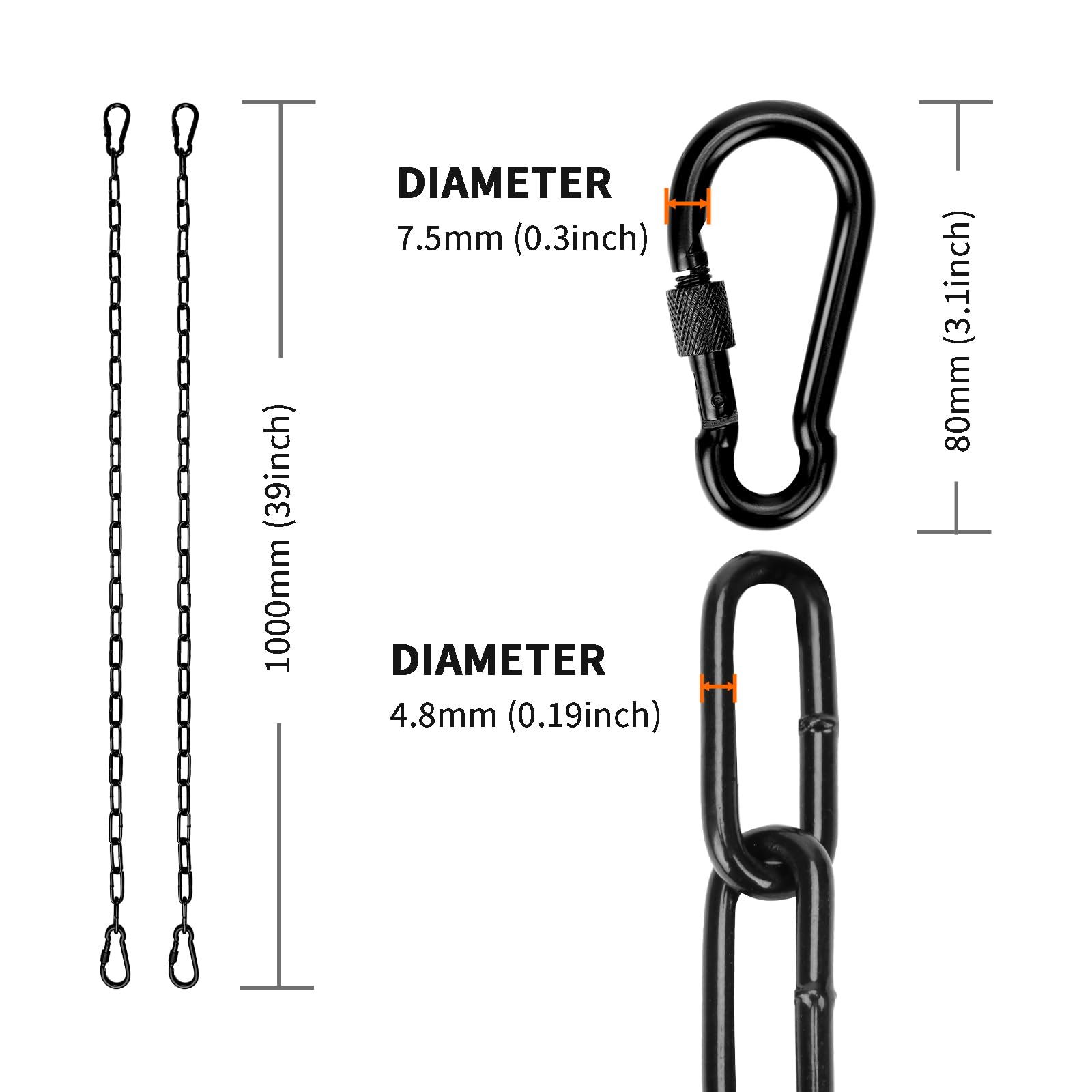 Lot de 2 chaînes de suspension robustes de 99,1 cm avec 4 mousquetons, capacité de 453,6 kg, chaîne de chaise suspendue pour hamac, balancelle, sac de frappe, sac de sable, intérieur et extérieur