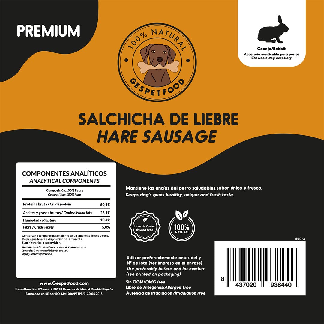 Snack Naturale per Cani - Salsiccia di Lepre - 500 g - 100% Carne di Coniglio - Sapore Unico - Gengive Sane - 100% Naturale - Snack Cani - Prodotto in Spagna - GESPETFOOD