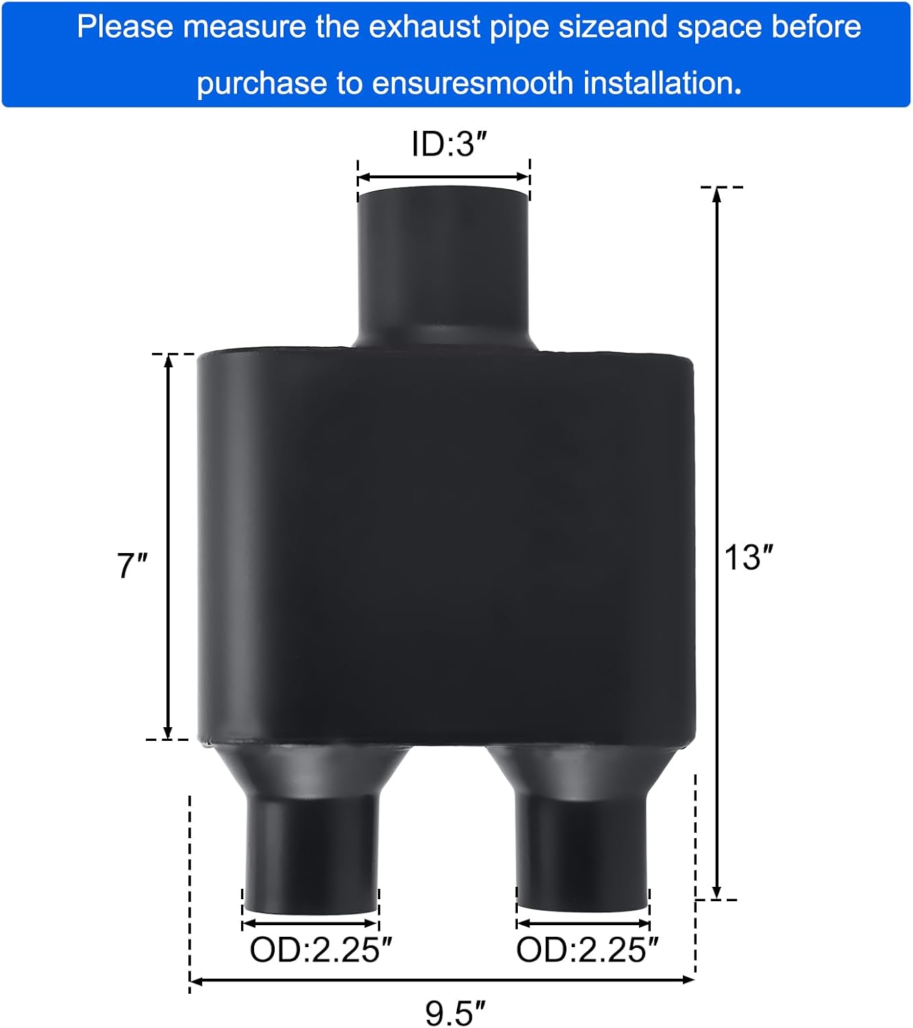 Universal Mufflers,Performance Automotive Exhaust Muffler, Single Chamber 3" (ID) center in 2.25" (ID) dual out (Black)