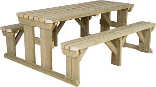 12 Seat Wooden picnic table with attached benches, Abies rounded patio furniture set (8ft, Natural (light green))
