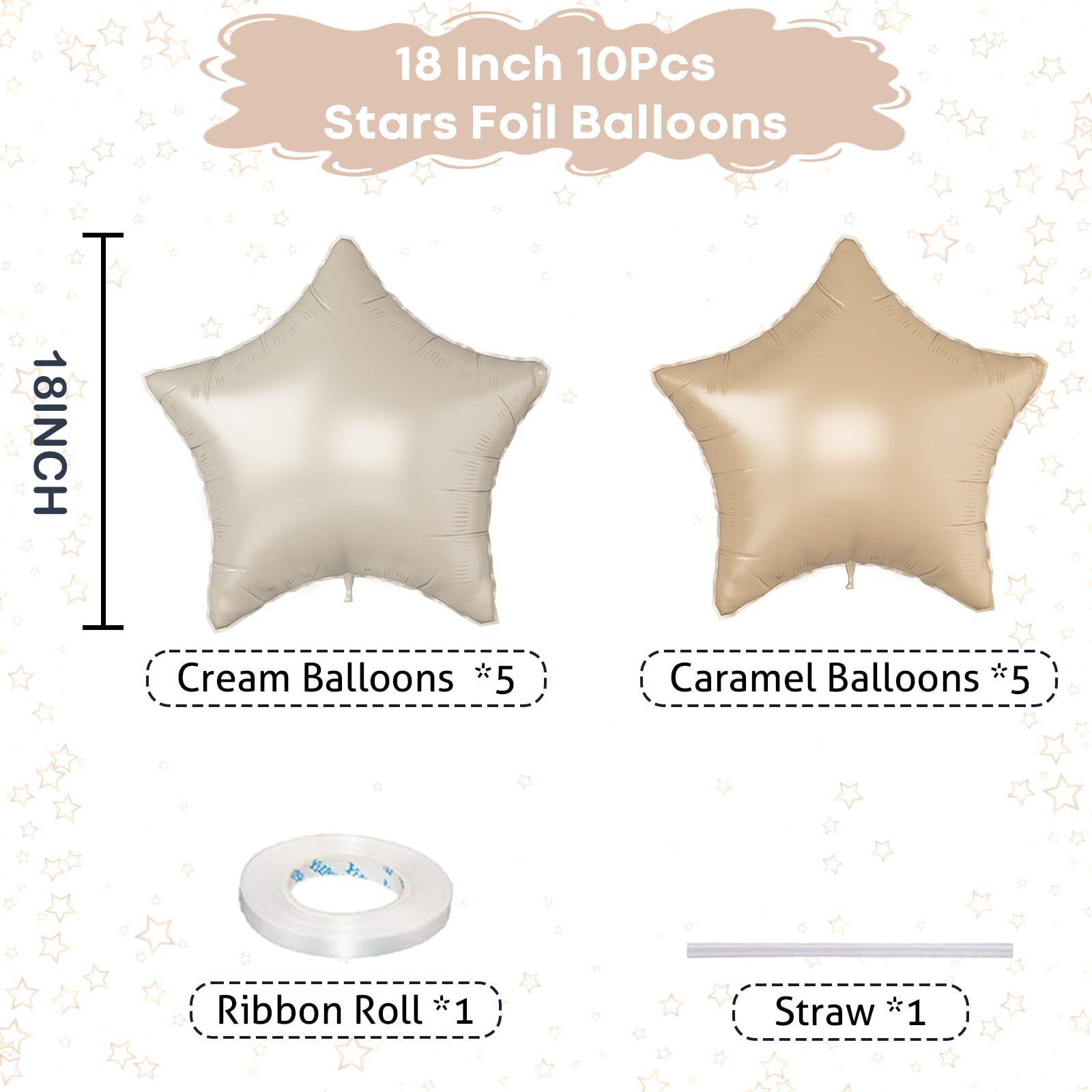 Cream Star Balloons, 18Inch Caramel Cream Stars Shape Foil Balloons - Image 2