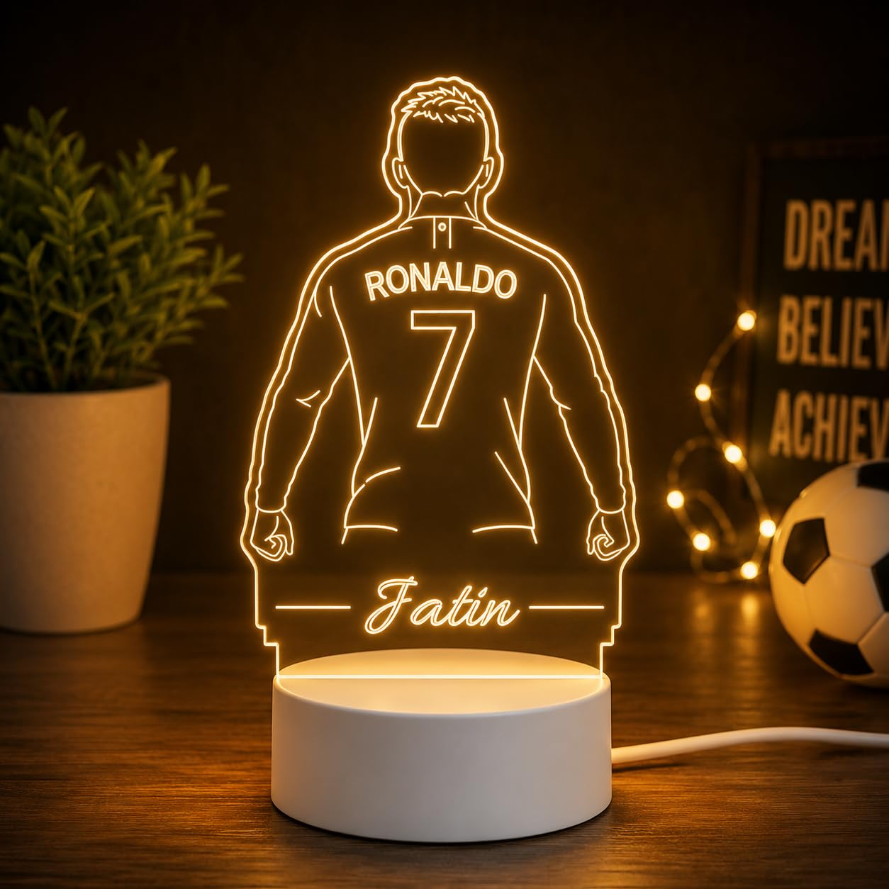Personalized Cristiano Ronaldo CR7 3D Illusion LED Night Lamp with Custom Name, USB Powered Warm White Acrylic Football Lamp Gift for Boys, Kids & Soccer Fans-image-9