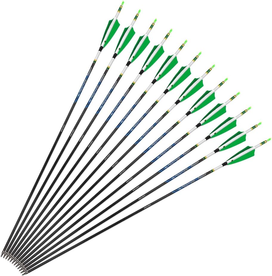 6/12pc Custom Length Feathered Carbon Arrows Spine 200 250 300 350 400 500 600 700 800 Removable Tips 4" Turkey Feather Targeting Hunting Arrow for Traditional Bow Long-Bow Recurve Bow Compound Bow