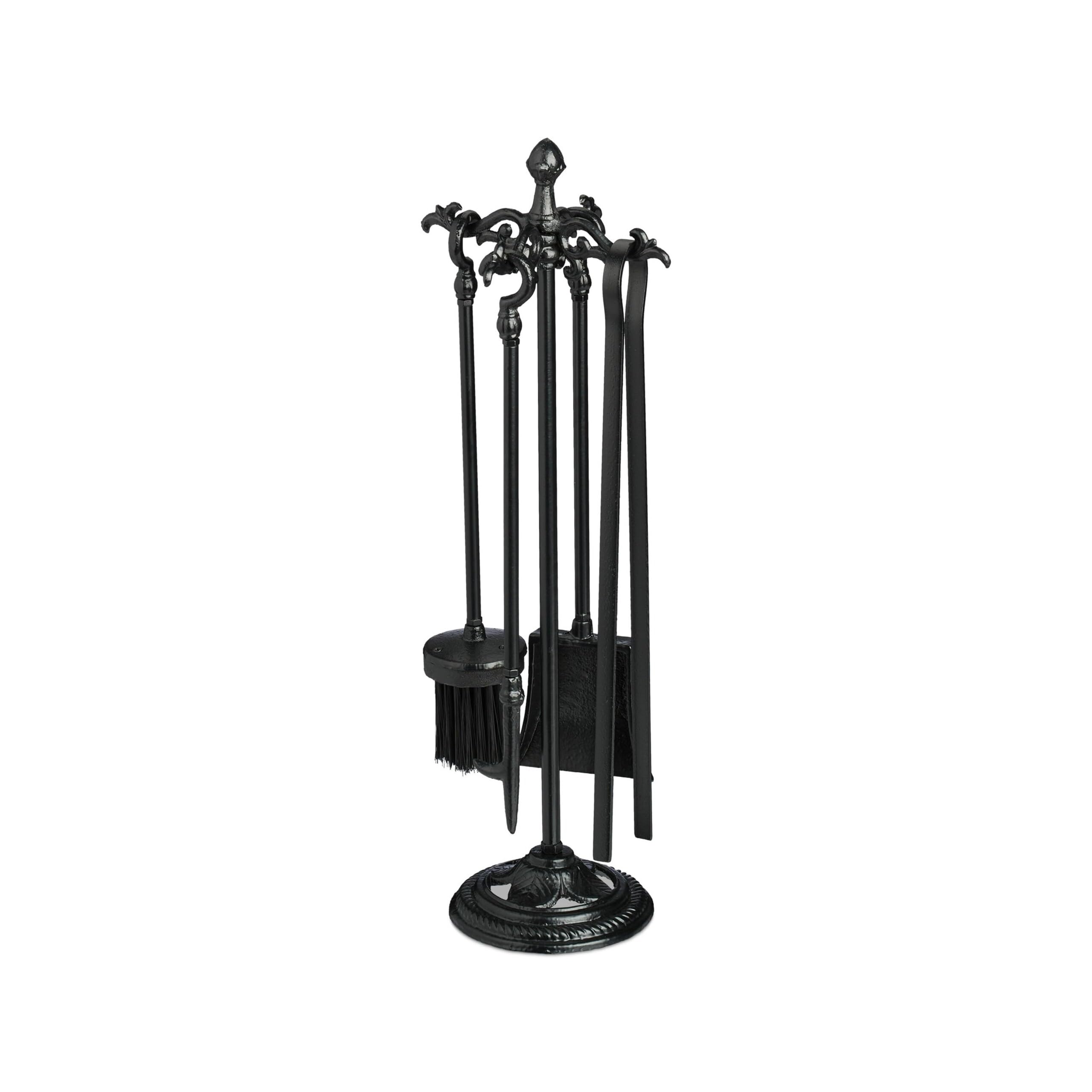 Relaxdays Set da 5 Attrezzi da Camino o Stufa, Attizzatoio, Pala, Scopino, Pinza e Supporto Porta Utensili, Ghisa, Nero