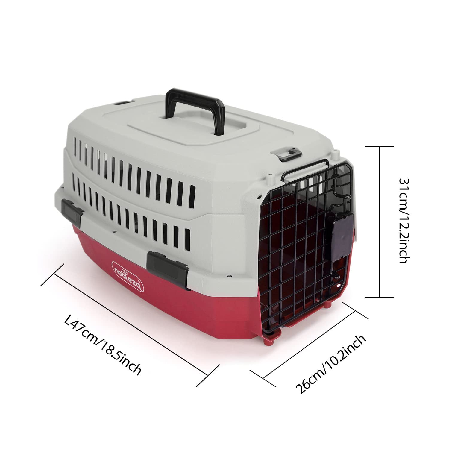 Nobleza - Transportin Gato Perro Pequeño, Transportin para Gatos Perro Portátil y Transpirable, Mascotas Perros Gatos Accesorios, Transportín de Plástico, 47x31x26 CM, Rojo & Gris