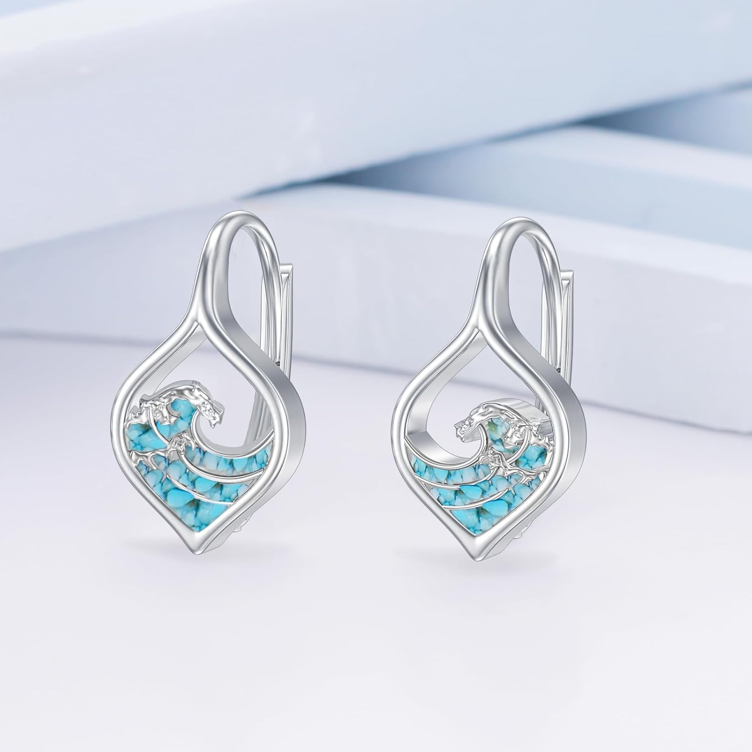 PROESS Turquoise Hoop Earrings 925 Sterling Silver Mountain/Wave/Celtic Knot/Clover Earrings Turquoise Jewelry Presents for Women