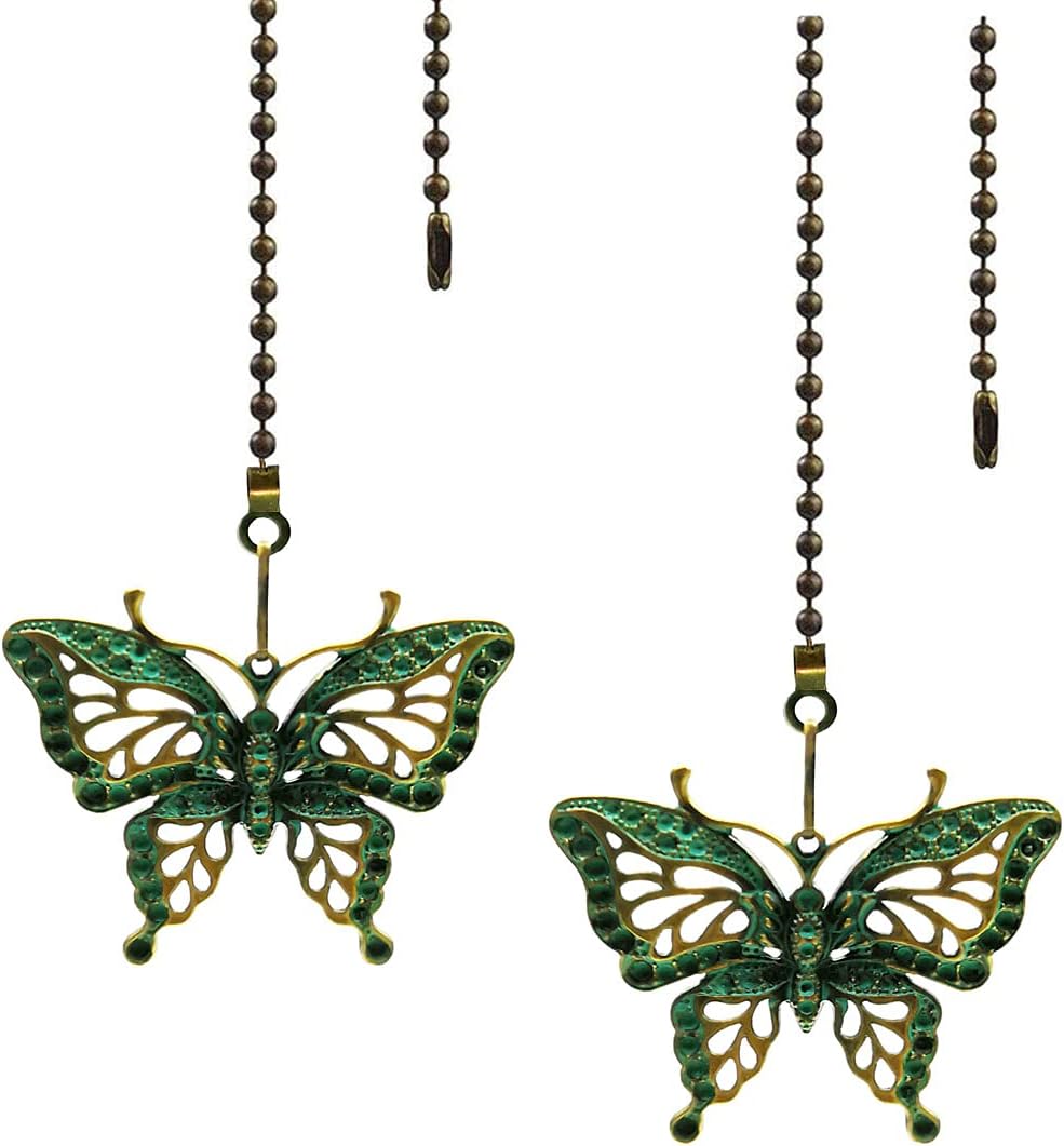 Ceiling Fan Pull Chain Extender, 2 Pack 12 Inch Vintage Butterfly Fan Pull Chain Extension with Connector, Pull Chains for Ceiling Fans and Lights (Green)