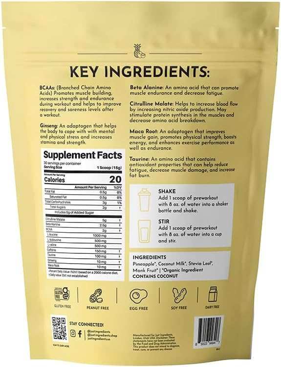 Pre-Workout Tropical Paradise | 30 Servings | Powder | Made with Real Food Ingredients | Gluten-Free | No Artificial Sweeteners or Preservatives | Supports Energy and Endurance