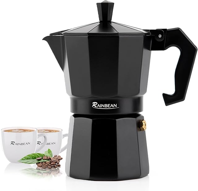 RAINBEAN Moka Pot 6 Cups/300ml, Stovetop Espresso Maker, Aluminium Steam Coffee Percolator Brewing Pot - Includes 2 Ceramic Cups - for Coffee Lovers Birthday Christmas Gifts