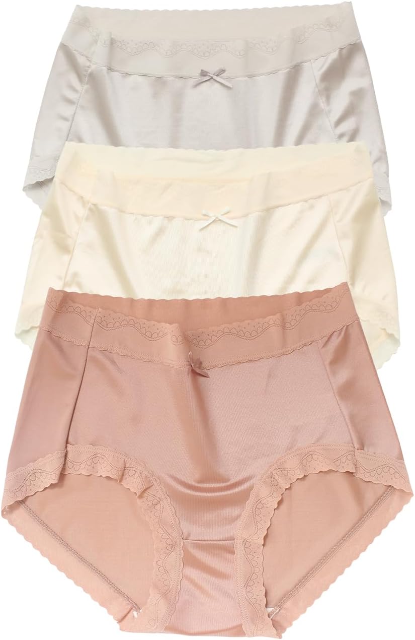Women's Satin Panties 3-Pack - High Waist Lace Trim, Silk-Lined Comfort, 6-Pack + Wash Bag Included