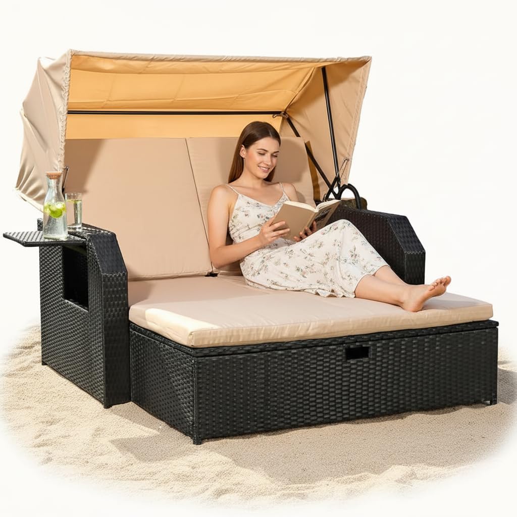 Melko Sonnenbett/Strandkorb/Lounge aus Polyrattan, Schwarz, inkl. klappbaren Seitentisch +verstellerbarer Rückenlehne + Faltbare Sonnenschutzdach