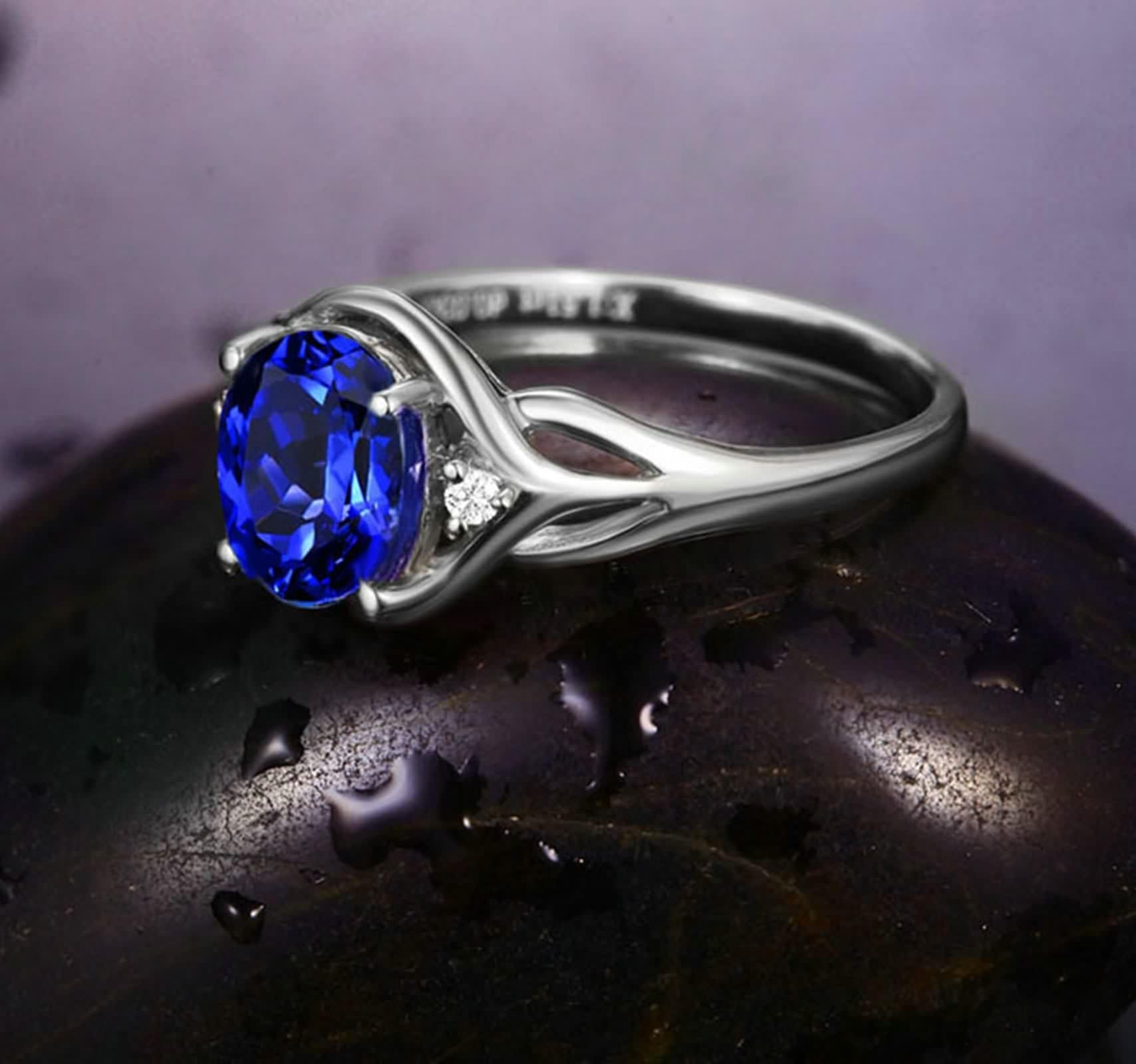 Anillo Compromiso Oro 18K, Anillos Mujer Compromiso Zafiro Creado En Laboratorio Forma Redonda Plata